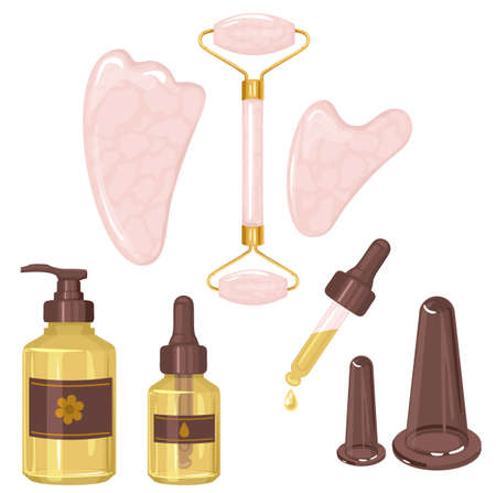 Set tools for massage gouache, vacuum cans and oil for self-massage. Vector color illustration, hand drawn. vectorのイラスト素材