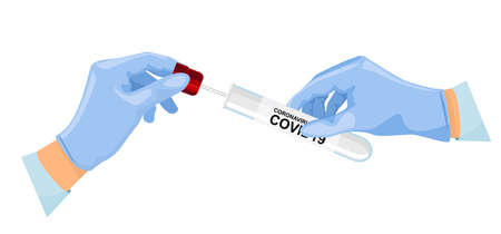 Taking tests, smear for coronavirus from a medical laboratory in the hand of a doctor. Diagnosis of coronavirus by saliva from a test tube. Test positive for covid-19. Vectorのイラスト素材