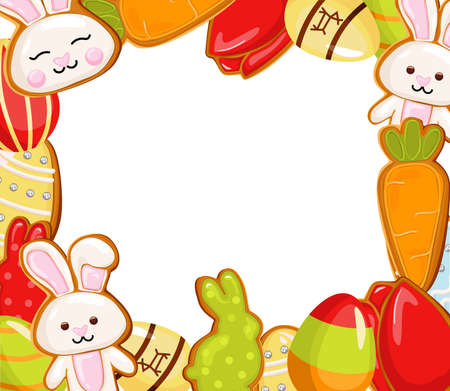 Easter banner holiday day, with easter eggs and gingerbread cookies on white background, concept.のイラスト素材