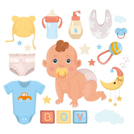 Children s set for a boy. Set of hand drawn newborn items and accessories. Children s decor.のイラスト素材