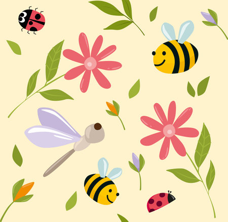 Baby insects flowers seamless pattern, cute paper, cartoon insects and flowers,のイラスト素材