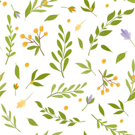 Vector style spring pattern with flowers and leaves. Gentle, spring floral background.のイラスト素材