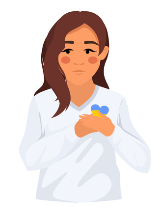 The girl hugs the heart flag of Ukraine. the concept of stay with Ukraine . No war on Ukraine, in the heart. Support against the war.のイラスト素材