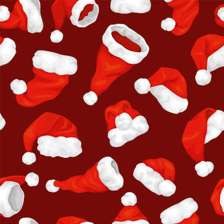 Seamless pattern of diverse santa claus hat. Set of Christmas hats. Vector cartoon background suitable for printing wrapping paper, textiles and various New Year s decorations.のイラスト素材