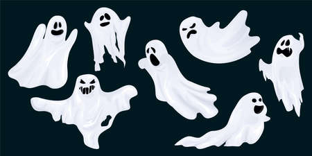 Ghost scares horror character set. Cute funny boo, ghost leaf halloween character design. Isolated...