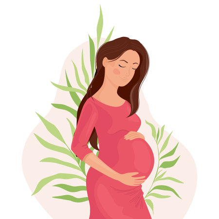 Happy pregnant woman holding her belly on a background with leaves, the birth of life. Pregnancy and motherhood. Happy pregnancy.のイラスト素材