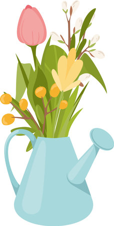 watering can with a bouquet of spring flowersのイラスト素材