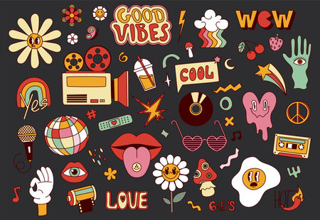 Set of vintage retro 70s and 60s hippie stickersのイラスト素材