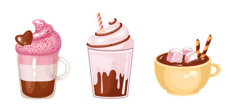 Set hot drink latte coffee with pink milk.のイラスト素材