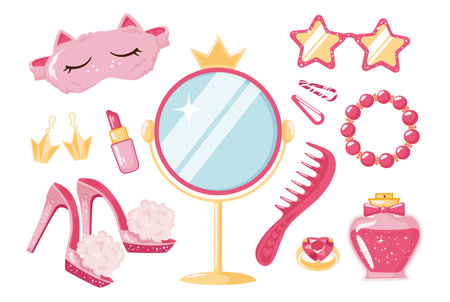 Set of various accessories for girl dolls in pink.のイラスト素材