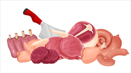 Composition of various types of raw meat and chicken meat. For advertising and signage. All elements are isolated.のイラスト素材