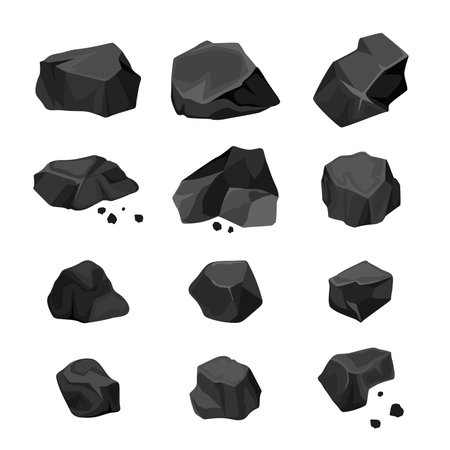 Set of pieces of thermal coal isolated cartoon icon. Vector cartoon scattered coal energy. Mining.のイラスト素材
