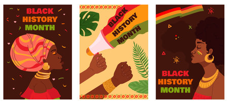 Vector set of post for the celebration of black history month. African woman portrait illustration.のイラスト素材
