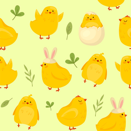 Cartoon seamless pattern of Easter chickens. Cute funny little chicks in a hat bunny ears, funny pets hatched from eggs. Isolated newborn bird, vectorのイラスト素材