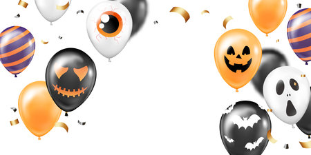 Halloween balloons background. Realistic vector 3d set of balloons with creepy faces. Festive and evening decoration, decor.のイラスト素材