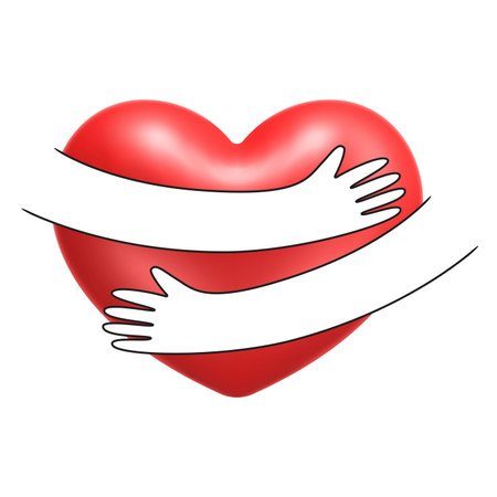 Graphic hands hugging 3d heart. Realistic vector compositionのイラスト素材