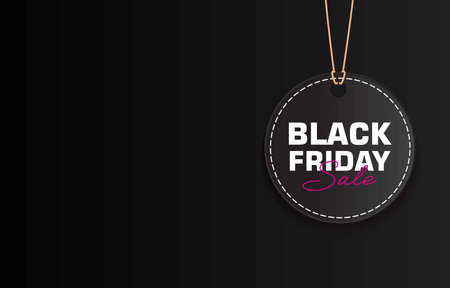 Realistic black round sale tag with text Black Friday Sale on dark gradient background. Perfect for advertising, online shopping, marketing banners, and holiday promotions.のイラスト素材
