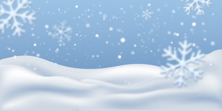 Soft winter landscape with snowdrifts and falling snowflakes on a blue sky background. Calm seasonal backdrop suitable for holiday designs, packaging, banners and festive illustrations.のイラスト素材