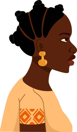portrait of an African woman with natural features, expressive look and elegant style, suitable for beauty, fashion, culture, diversity and editorial projects.のイラスト素材