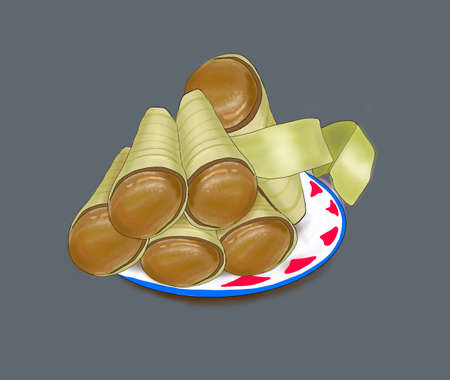 Dumbek cake is a traditional food from Indonesia. The shape of the dumbek package is like a small trumpet with the wrapping material of young coconut leaves. These snacks can be found easily in traditの写真素材