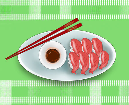 Sushi is Japanese food consisting of rice formed with side dishes in the form of seafood, meat, raw or cooked vegetables. Sushi rice has a soft sour taste.の写真素材