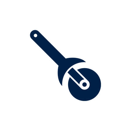 Pizza cutter knife icon steel kitchenware silver cooking equipment in flat style. Kitchen cutter icon for pizza sharp blade cook isolated on white background.のイラスト素材
