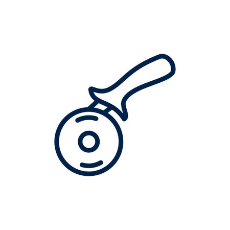 Pizza cutter knife icon steel kitchenware silver cooking equipment in flat style. Kitchen cutter icon for pizza sharp blade cook isolated on white background.のイラスト素材