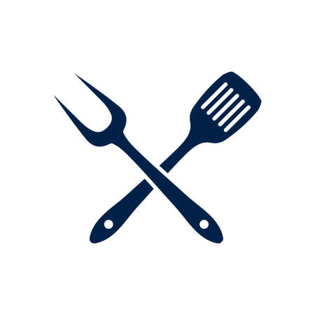 BBQ or grill tools icon in flat design. Barbecue fork sign isolated symbols on white background. Simple silhouette BBQ tools.  Vector illustration.のイラスト素材
