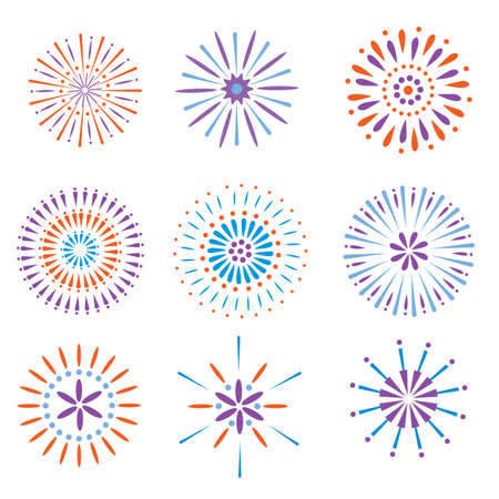 Festive fireworks. Celebration party firework, festival firecracker and, holiday feast celebrated colorful sky fire explosion stars, birthday or Xmas celebrating isolated vector background - Vectorのイラスト素材