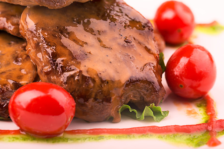 Grilled meat and vegetables with sauces