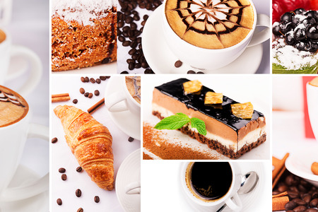 Breakfast (photo mix with photos of coffee,cakes,berries and croissant)の写真素材