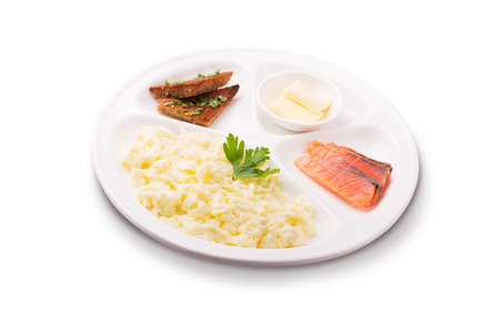 Traditional breakfast from omelette, salmon and breadの写真素材