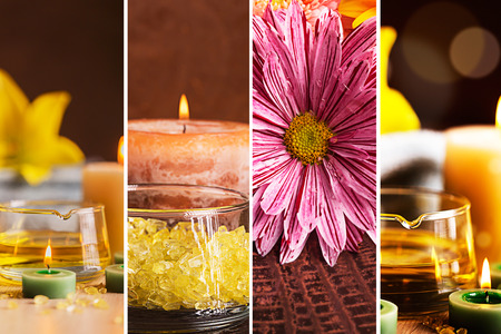 SPA collage: still lifes with herbal oil, candles and towelsの写真素材