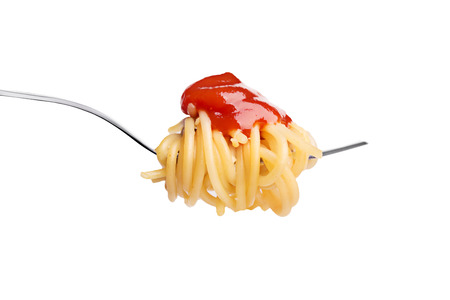 Fork with spaghetty and ketchup isolated on white backgroundの写真素材
