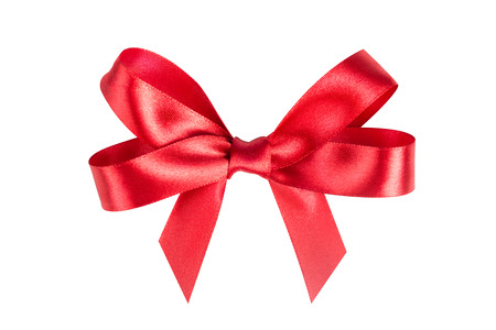 Red ribbon satin bows isolated on whiteの写真素材