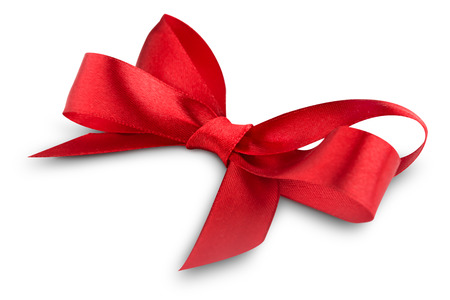 Red ribbon satin bow isolated on white backgroundの写真素材