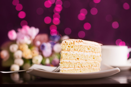 Tasty biscuit cake with cream on the white plateの写真素材