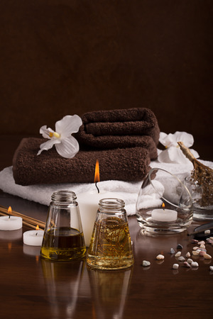 SPA salon: candles, aromatic oil, towelsの写真素材