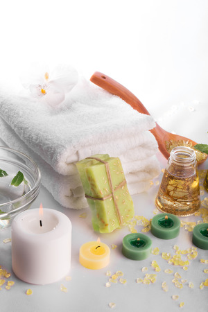 SPA still life: towels, candles, soap, massage oilの写真素材