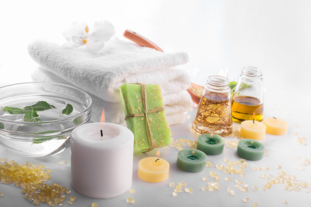 SPA still life: towels, candles, soap, massage oilの写真素材