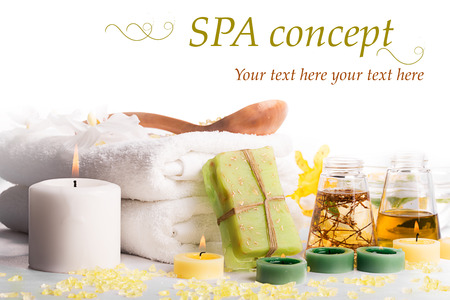 SPA still life: towels, candles, soap, massage oilの写真素材