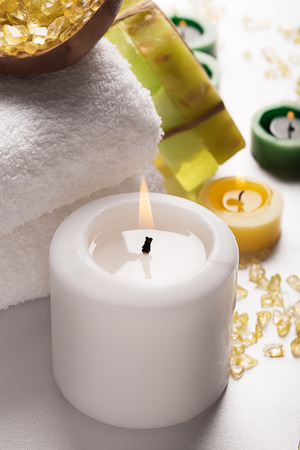 SPA still life: towels, candles, soap and sea saltの写真素材