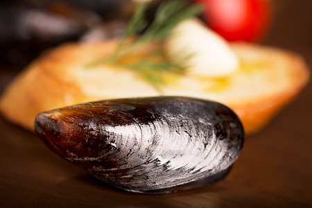 Boiled mussels with dill and lemon on the tableの写真素材