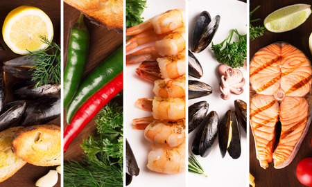 Collage from different photoes of seafoodの写真素材