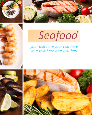 Collage from different photos of seafoodの写真素材