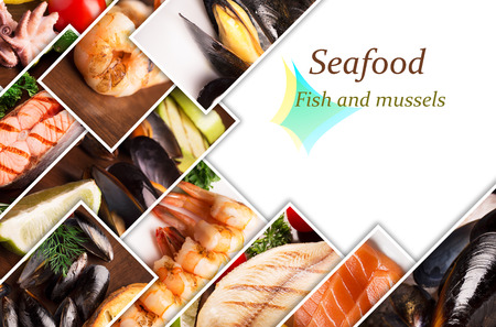 Collage from different photos of seafood with copy spaceの写真素材