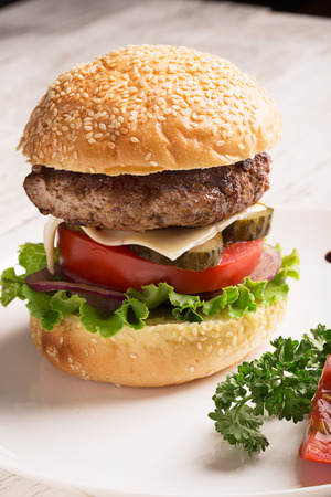Delicious hamburger with vegetables on a white plateの写真素材