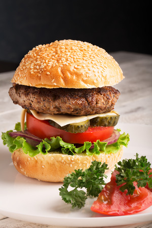Homemade hamburger with vegetables on the plateの写真素材