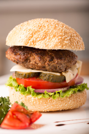 Large hamburger with vegetables on the plateの写真素材