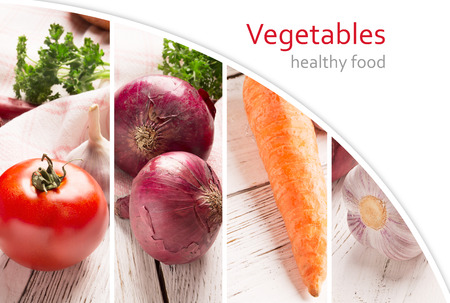 Healthy food collage/studio photo of different vegetables on wooden tableの写真素材